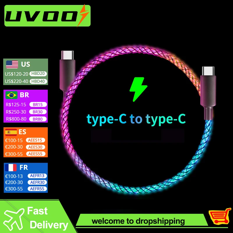 

UVOOI 1M RGB Fast Charging Cable 6A 66W USB C Cable For Samsung S22 Huawei Xiaomi USB A Colorful Breathing Light Charge Cable