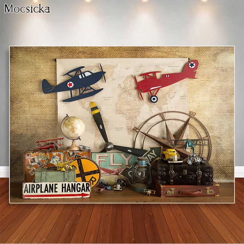 

Mocsicka Vintage Alrplane Hangar Travel Cake Smash Photography Backdrops Boy 1st Birthday Photo Props Studio Booth Background