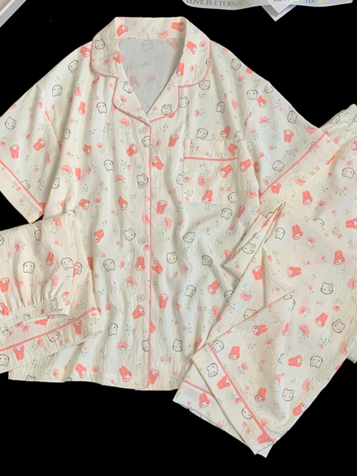 Hellokit Pajamas Women's Summer Cotton Gauze Short-Sleeved Cartoon Cute Melody Three-Piece Homewear |