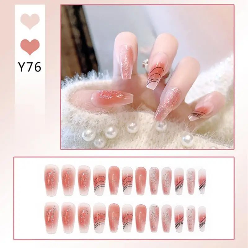 

24pcs/box Fake Nails Press On Short Reusable With Designs Set French Artificial Pink Kawaii False Tipsy Stick-on Nails Tips Art