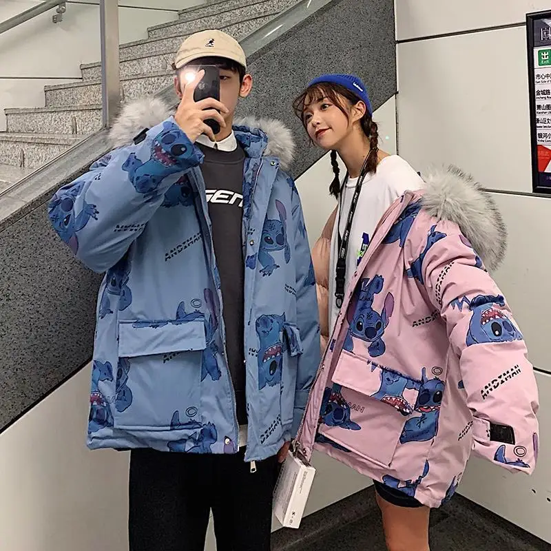 

DISNEY Winter Women's Cotton-padded Clothes Anime Stitch Print Big Fur Collar Thick Coat to Keep Warm Lovers Women Jacket