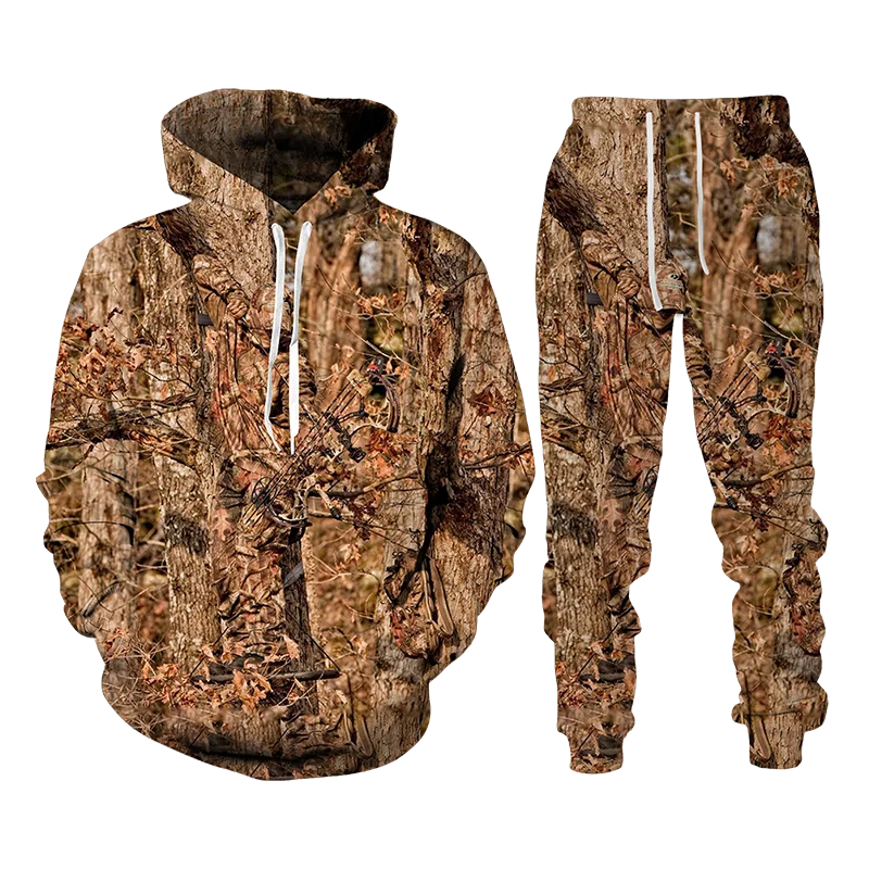 Funny3D Printing Bionic Maple Leaf and Pine Tree Camouflage Unisex Clothing Men's Pullover+Pants Set 2 Piece Casual Men's Hoodie