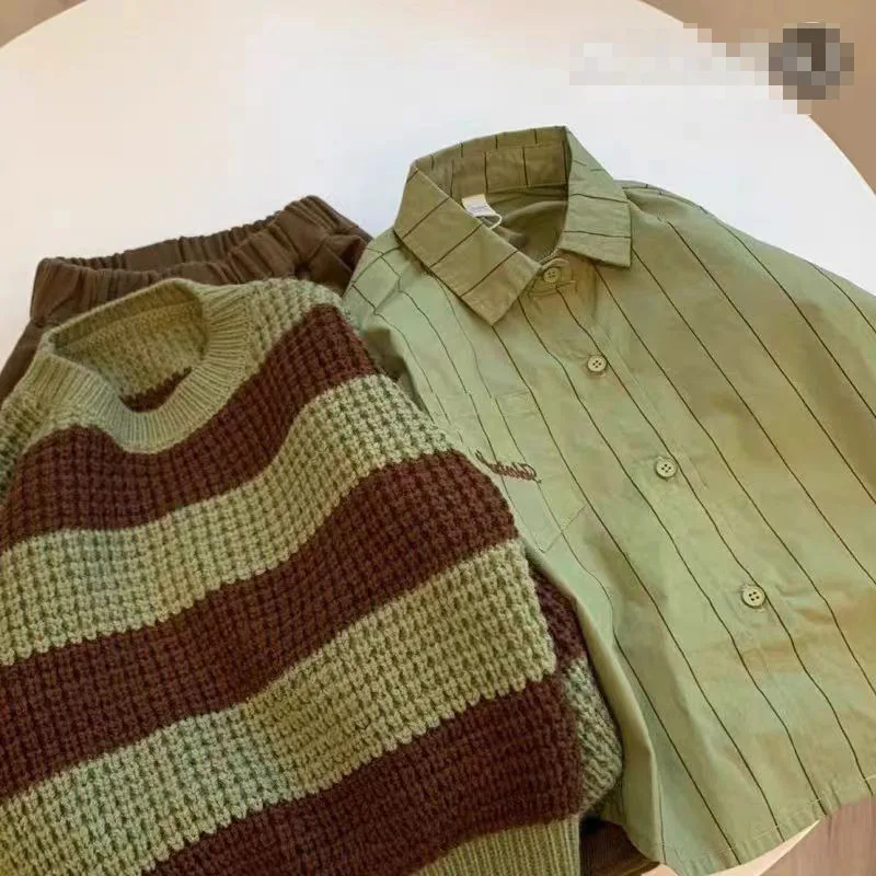 Детский Комплект из трех предметов свитер с круглым вырезом и брюки в полоску