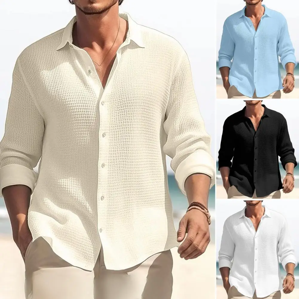 

Мужская однобортная рубашка с отложным воротником, однотонная Свободная Повседневная Мягкая дышащая деловая рубашка средней длины с длинными рукавами, осень