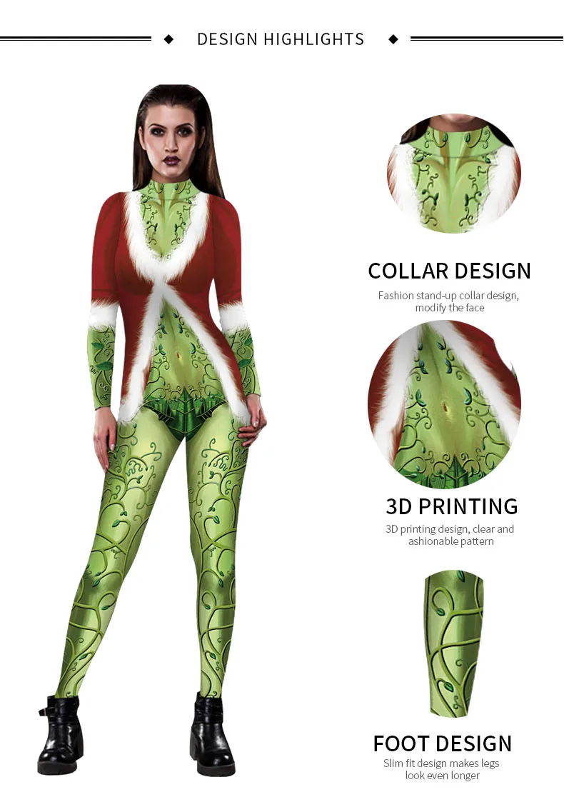Модные рождественские костюмы Санта-Грин Ядовитый плющ 3 dпечатных костюма боди