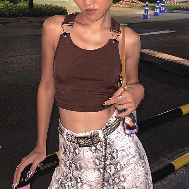 

Goth Dark Metal Buckle Cyber Y2k Cargo Tank Tops 90s Streetwear Grunge Ribbed Women Crop Top Vintage Gothic Solid Casual Clothes