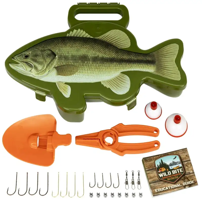 

Wild Bite Bass 25 Piece Kids Tackle Box Kit, Fishing Tackle Box, Plastic, 10.75in Weighted fishing hooks Ice fishing Tackle box