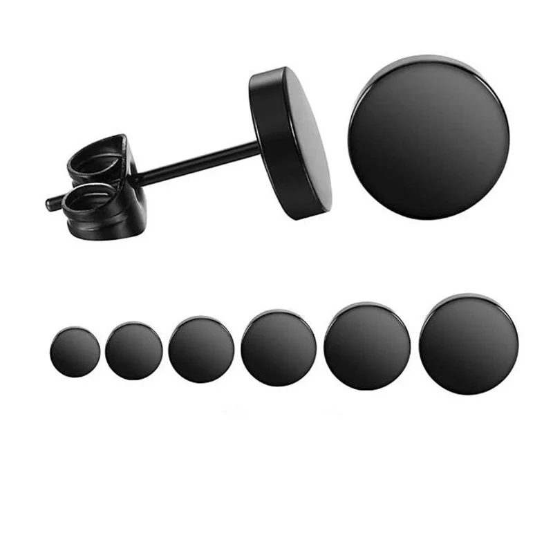 

1Pair Stainless Steel Round Black Ear Studs Men 2-10Mm Punk Stud Earring For Men Push Back Stud Earring For Women Men Jewelry