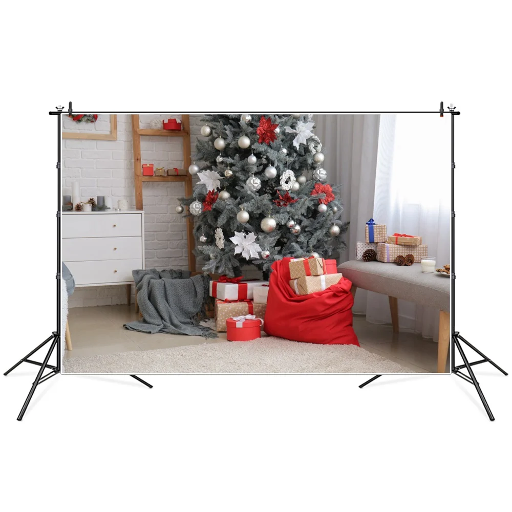 

Christmas Tree Gifts Bag Curtain Room Interior Photography Backgrounds Custom Baby Party Decoration Photo Booth Studio Backdrops