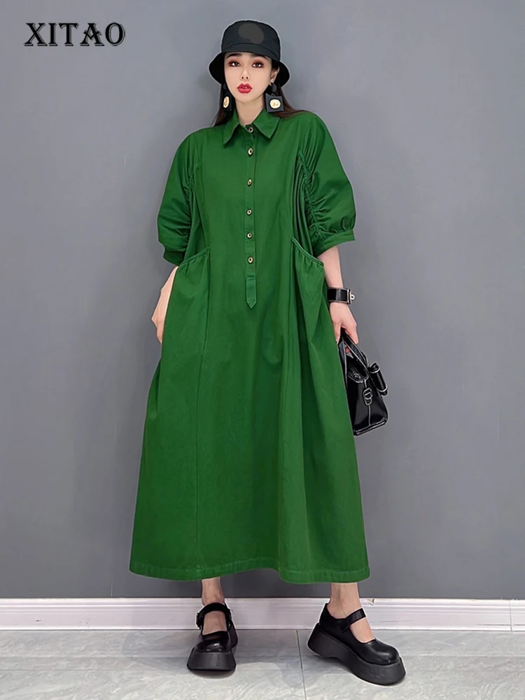 

XITAO Solid Single Breasted Dress Women Korea 2022 Summer New Arrival Personality Fashion Loose Short Sleeve Dress WMD5994