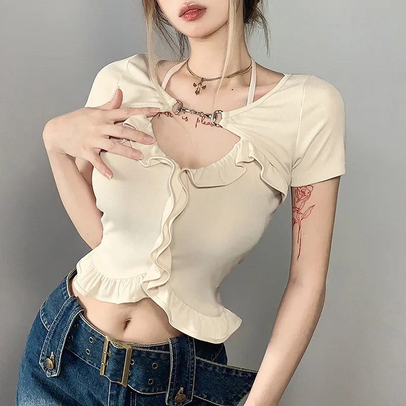 

Women's Ribbed Knit Hollow Out Twist Knot Neckline Short Sleeve Tee Shirt Top