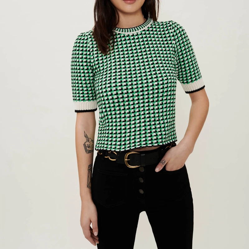 2022 Spring New Desgin Women's Green Crew Neck Plaid Knitted Top