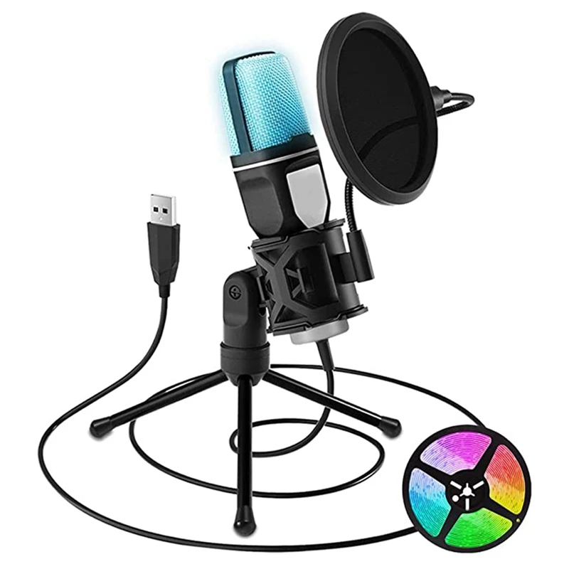 

Конденсаторный USB-микрофон RGB, кардиоидный игровой микрофон с амортизирующим фильтром