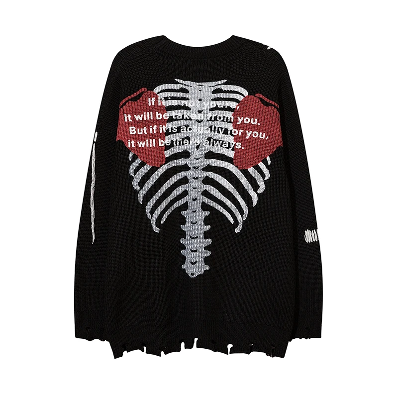 

Hip Hop Retro Skeleton Letter Thread Drawstring Casual Men's and Women's Autumn Sweater Pullover Spliced Loose Knit Clothes