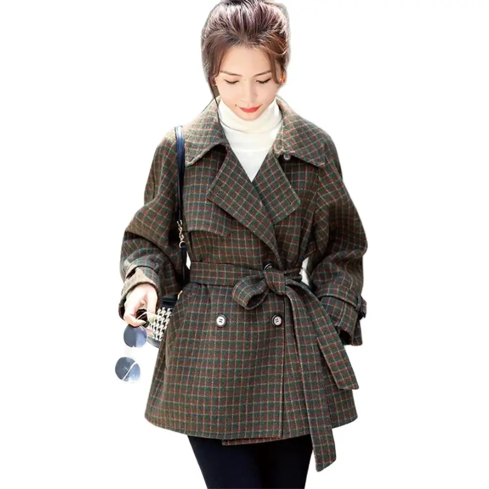 

Mid-Length Woolen Coat for Women Houndstooth Suit Loose Overcoat Cotton Tops Cloak Autumn and Winter Clothing 2024