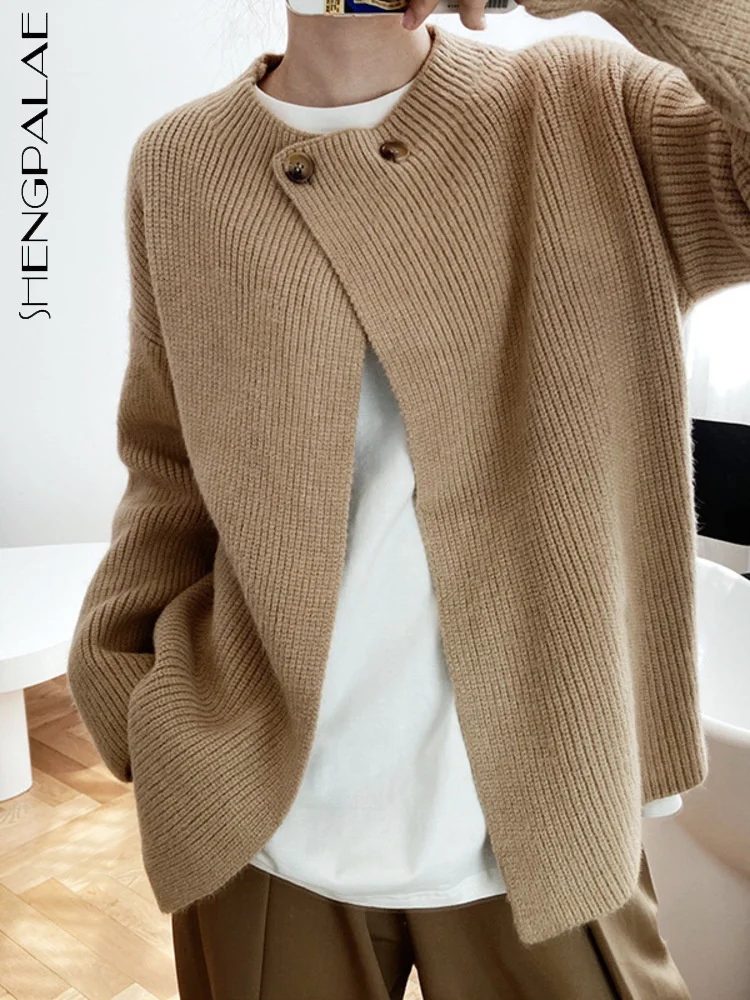 

SHENGPAIAE Round Collar Solid Color Two Buttons Long Sleeve Sweater For Women Coat Female Fashion New Trendy Elegant Tops 5W376