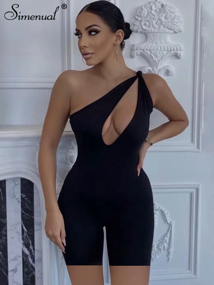 

Simenual Solid One Shoulder Sleeveless Playsuits Women Concise Skinny Cleavage Hollow Out Bodycon Romper Streetwear Sporty Cloth
