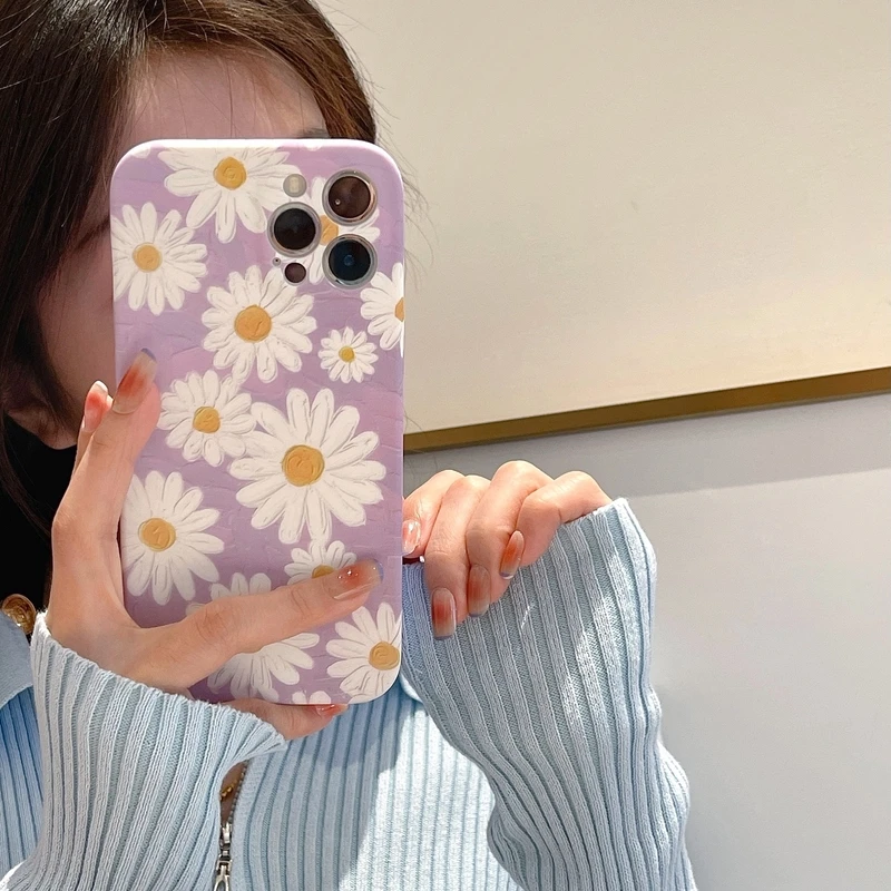 

Retro Art Oil Painting Purple Daisy Flower Phone Case For iPhone 11 12 13 Pro Xs Max X Xr 7 8 Puls SE Cute Soft Silicone Cover