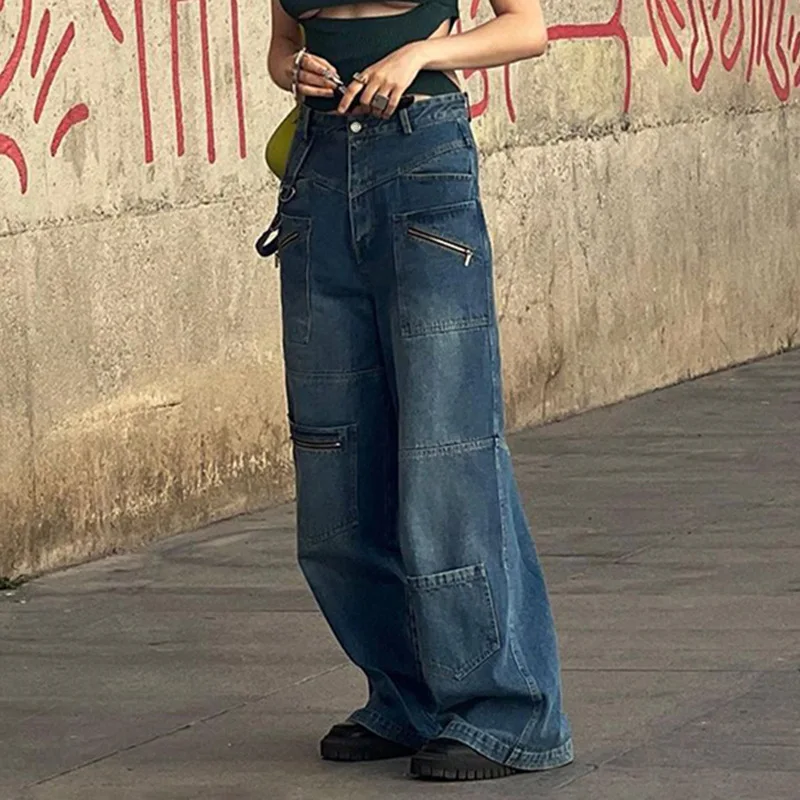 Retro Baggy Straight Jeans Y2k Streetwear Women High Waist Casual Loose Fit Casual Denim Trousers Female Harajuku Cargo Pants