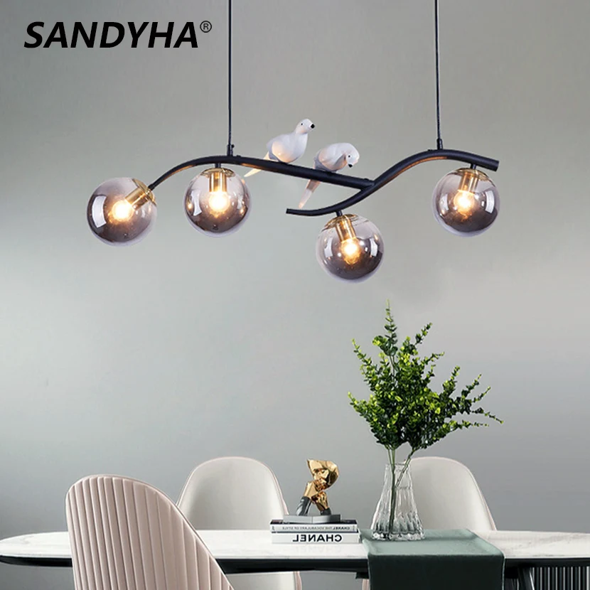 SANDYHA LED Dining Table Bar Chandelier Black Gold Horizontal Iron Rod with Bird Glass Ball Hanging Lamp Kitchen Island Light