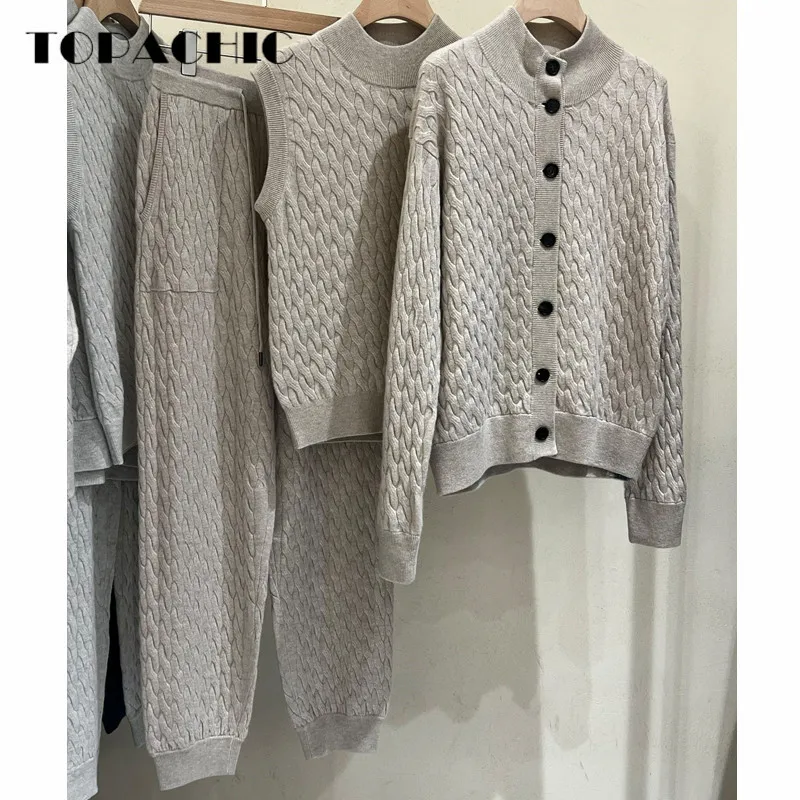 

9.3 TOPACHIC Women's Twist Cashmere Knit 3 Piece Set Single Breasted Cardigan Or Stand Collar Tank Top or Elastic Waist Pants