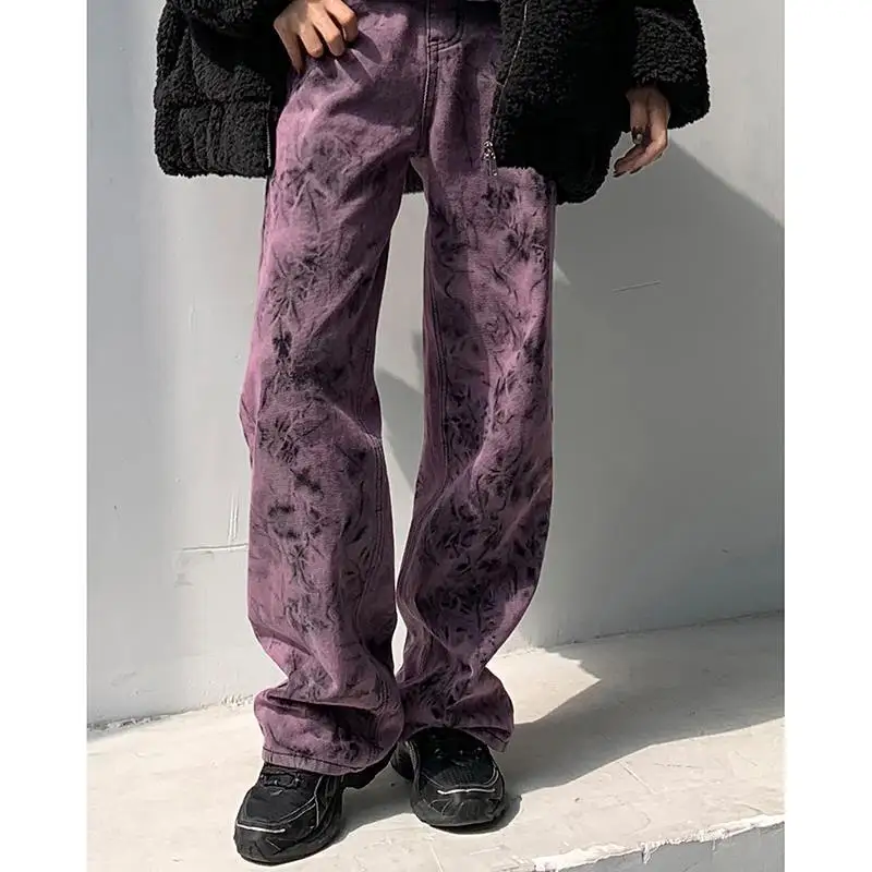 

Large Size 5XL Purple Tie-dye Jeans Women Spring And Autumn Fashion Street Personality Loose Drape Straight Denim Trousers