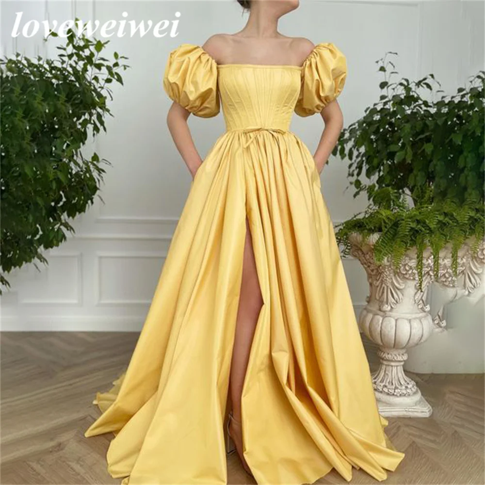 

Yellow Lace up Back Evening Dress Stain Prom Dresses High Split Party Dress Puffy Sleeves Celebrity Dress vestidos de fiesta