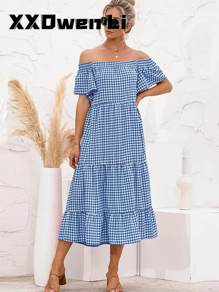 

Summer Casual Sexy Off Shoulder Plaid Print Dress For Women 2022 Fashion Short Sleeve High Waist Beach Midi Dresses Vestidos