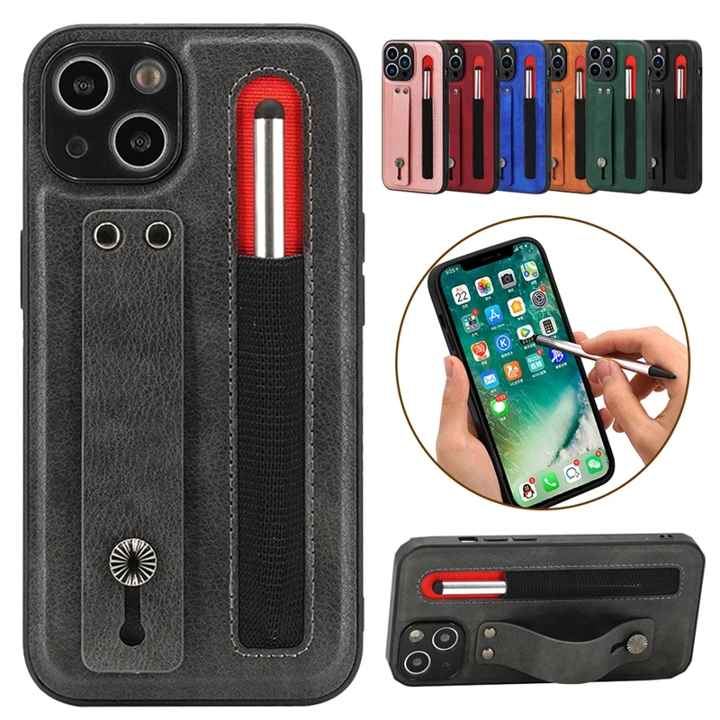 

Business Stylus Pen Phone Case for iPhone 11 12 13 Pro Max 12 Pro 13 Pro PU Leather Stand Holder Back Cover with Hand strap