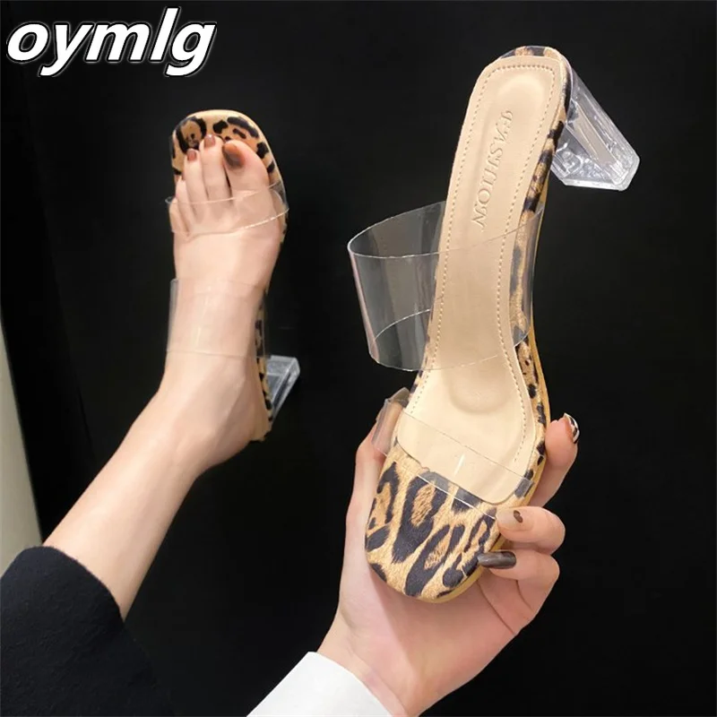 

Summer new square toe sandals for women's outer wear fashion leopard print high heels 2022 large size thick heel slippers