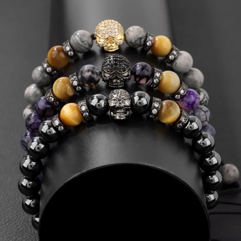 Винтажный браслет с бусинами из гематита в виде черепа для мужчин ручной работы