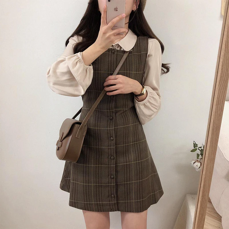 

Cute Mini New Year Date Dresses Sleeveless Vest Women Korea Japanese Style Design Retro Vintage Plaid Button Shirt Dress 11021