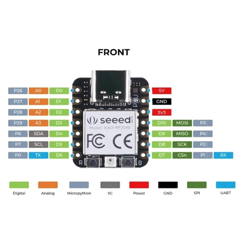 

Seeed Studio XIAO RP2040 Microcontroller, with DualCore ARM Cortex M0+ Processor 11 digital pins, 4analog pins, 11 PWM