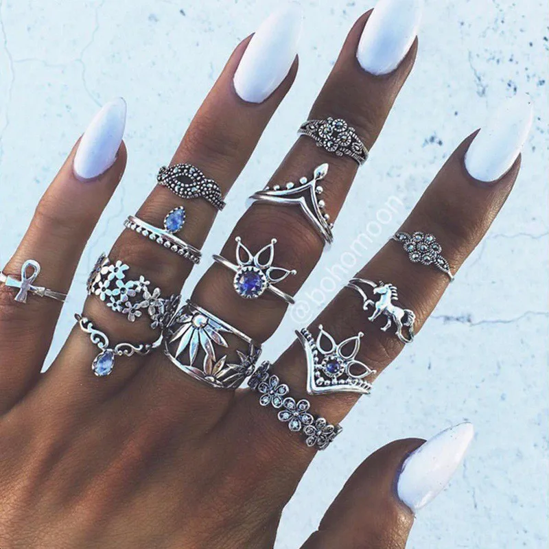 

13 Pack Vintage Geometric Punk Women's Ring Set Men's Hip Hop Blue Rhinestone Matte Finger Ring Jewelry
