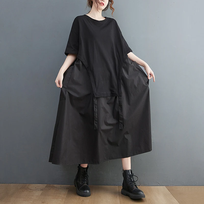 

Black Vintage Patchwork Drawstring Long Dresses For Women Short Sleeve Loose Casual Summer Dress Fashion Elegant Clothing 2022