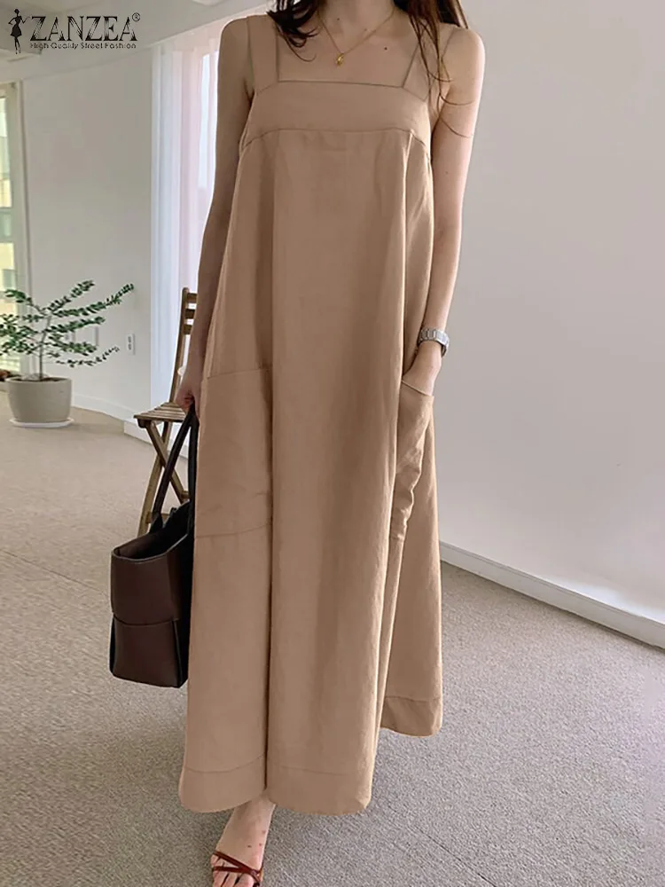 

ZANZEA Stylish Summer Overalls Dress Women Square Neck Sleeveless Long Sundress Casual Solid Loose Vestido Suspenders Robe Femme
