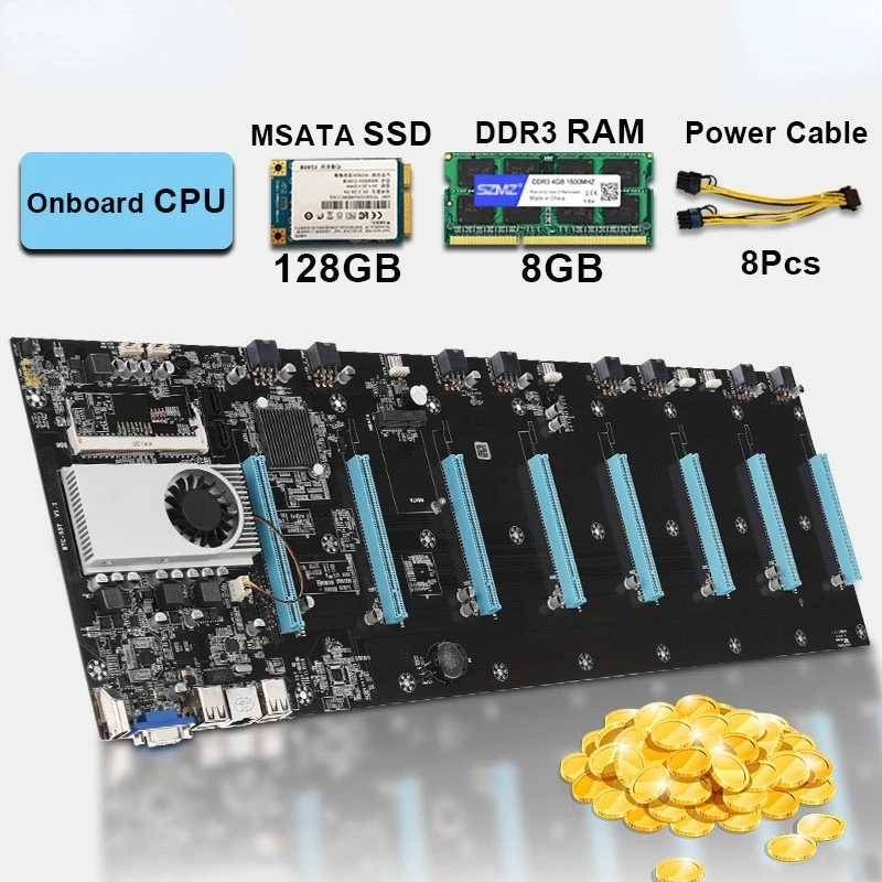 

8 GPU Mining Motherboard Set with CPU 128GB MSATA SSD 8GB Memory DDR3 Support ETH Ravencoin RVN Dogecoin Miner Rig Combo Kit