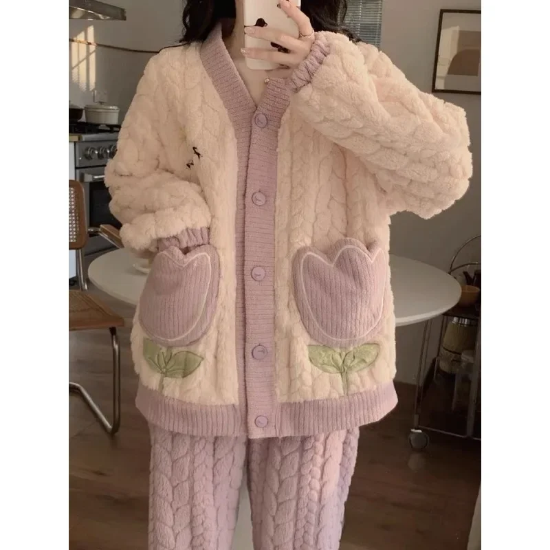 Пижама из кораллового флиса женский милый зимний Кардиган фланели с длинным