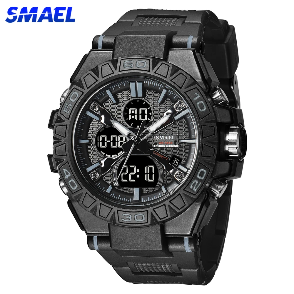 

Мужские спортивные часы SMAEL, многофункциональные наручные часы в стиле милитари, кварцевые часы с двойным дисплеем, водонепроницаемые мужские электронные часы с будильником, 8071