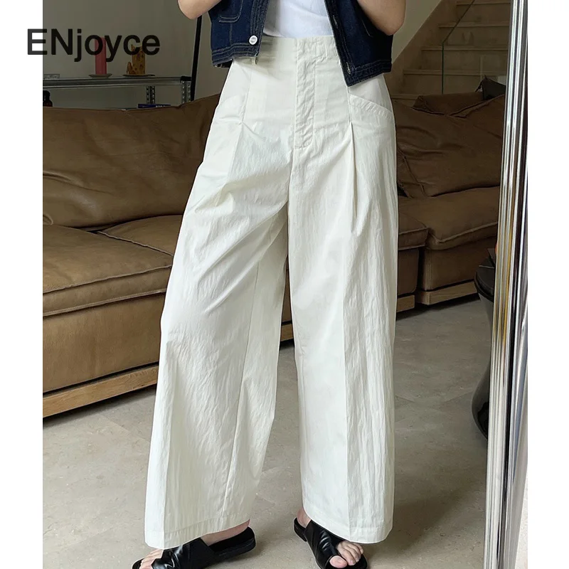

Vintage Beige Diagonal Pockets Cotton Pants Women Japanese Fashion High Waist Pant Casual Loose Wide Leg Straight Thin Trousers