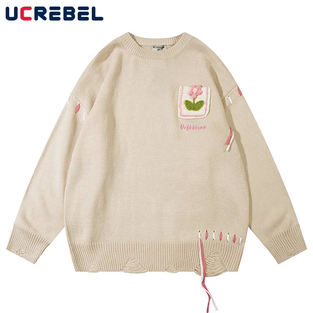 

Свитер Мужской трикотажный с круглым вырезом, Свободный пуловер с длинным рукавом, с крючком и цветком, уличная одежда на осень