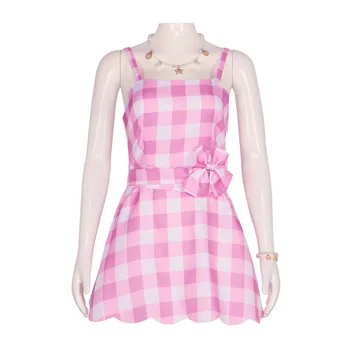 Barbie Movie Cosplay Costume - Pink Plaid Slip Sleeveless Dress 2