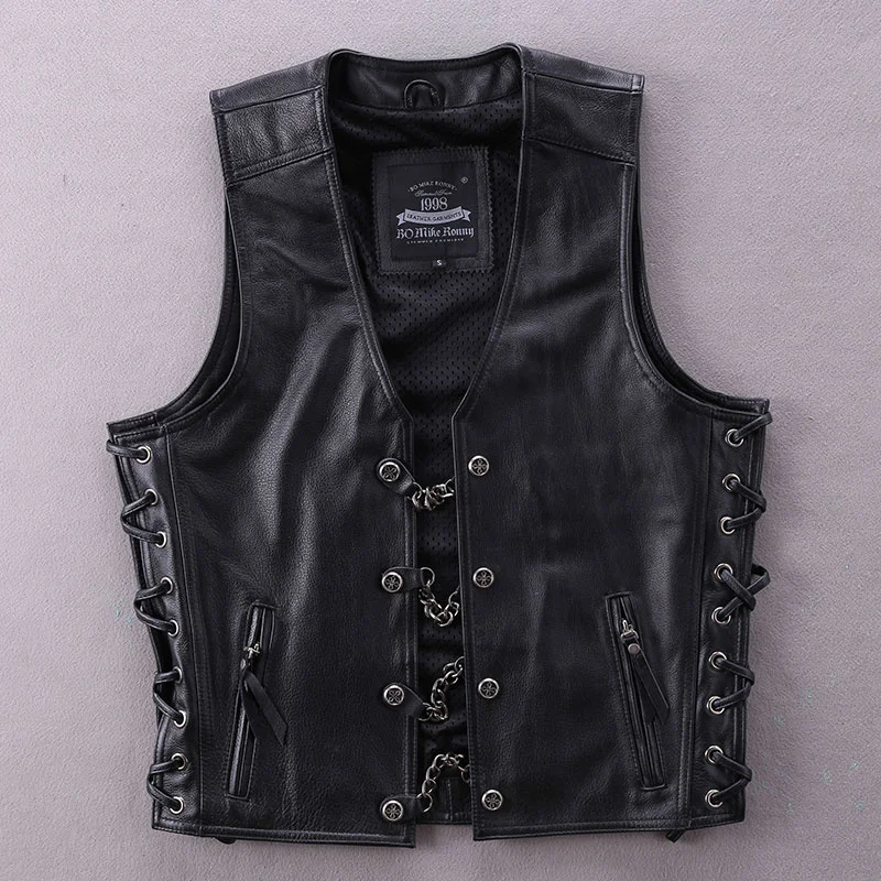 

5 days arrival,Genuine Leather Motorcycle Cowhide Chain Decoration Short Youth Vest Locomotive Black Sleeveless Jacket