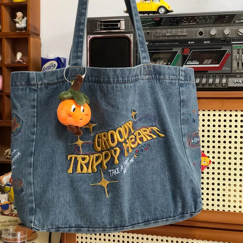 

Embroidery Casual Tote Shoulder Bags Canvas Jeans Messenger Bags Soft Student Large Capacity Open Shopping Handbags For Women