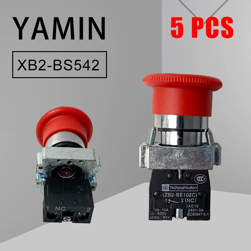 

5pcs Red Mushroom Head 1NC Power Emergency Stop 600V 10A 22mm Push Button Switch (ZB2) XB2-BS542