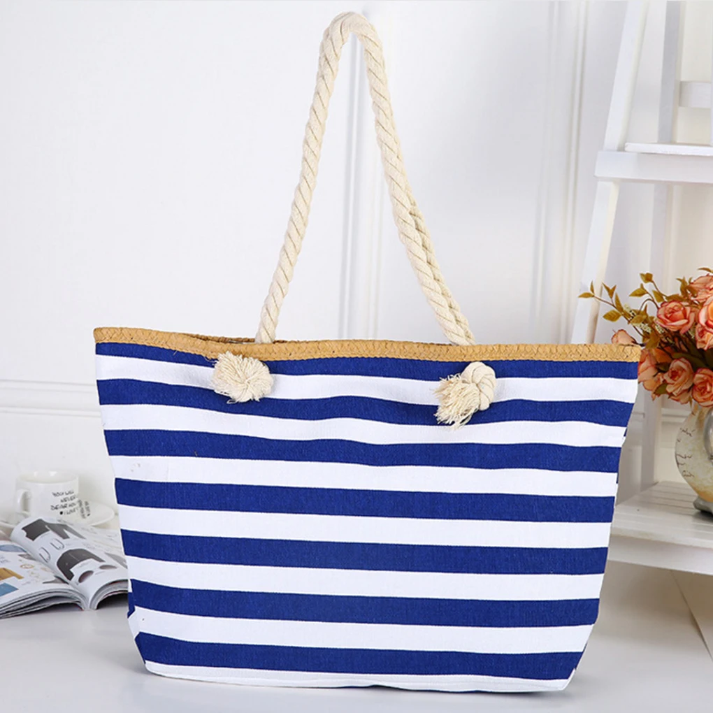 Woman Girl Travel Navy Blue Stripe Canvas Beach Tote Shoulder Bag with Inner Zipper Rope Handle