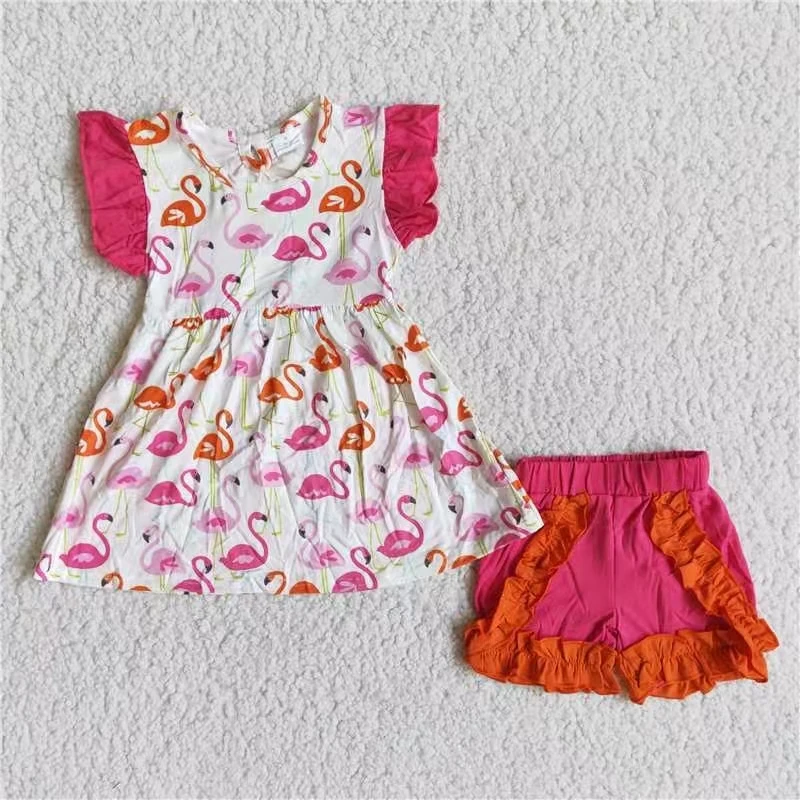 

toddler kids clothes outfit summer baby girl boutique clothing set flutter sleeve flamingo top and hot pink shorts clothes