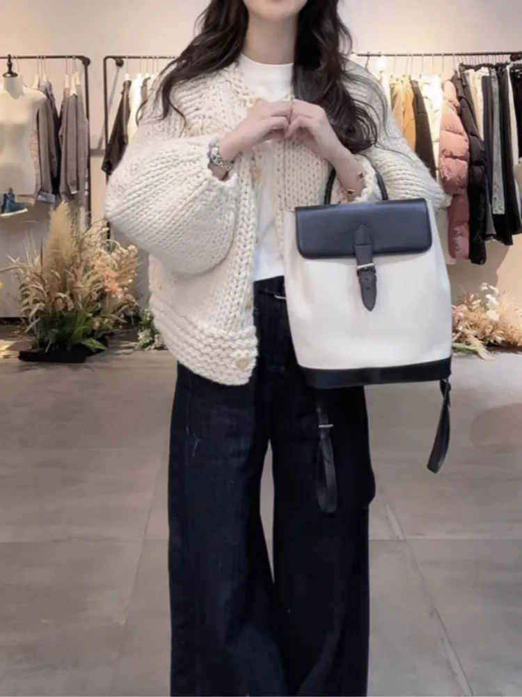 Вязаный кардиган с пышными рукавами в стиле ретро женский осенне-зимний новый