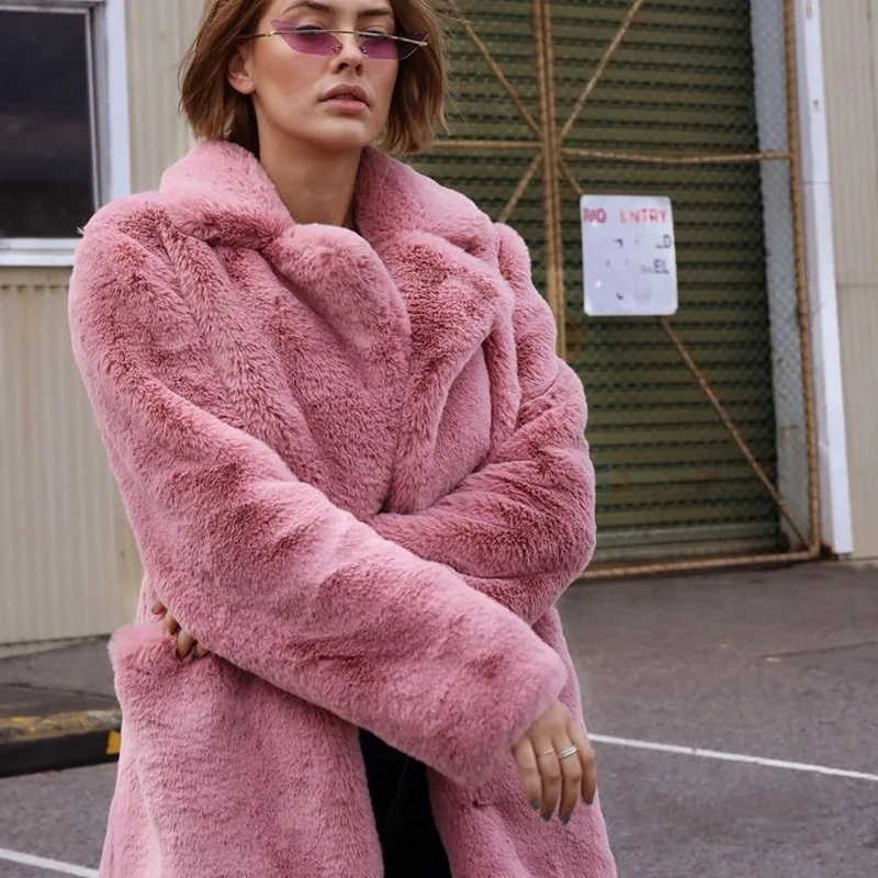 Women's Leather Fur Coat Autumn and Winter Pink Faux Fur Coat Artificial Fur Lapel Furry Coat Faux Fur Coat