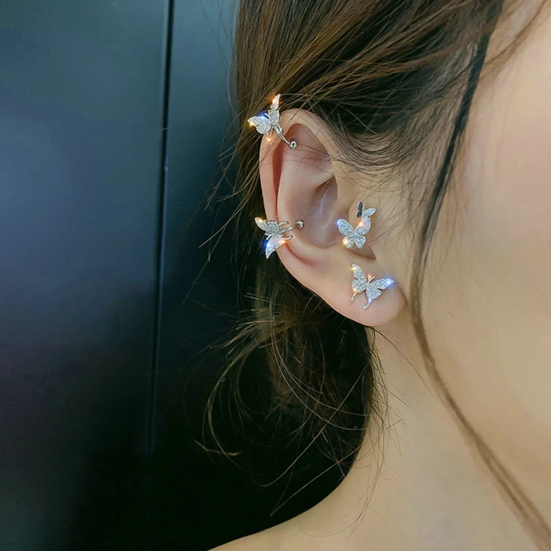 

Korean Style Butterfly Ear Clips Rhinestones Earrings for Women Non Piercing Ear Cuff Jewelry Party Wedding Bridal Accessories